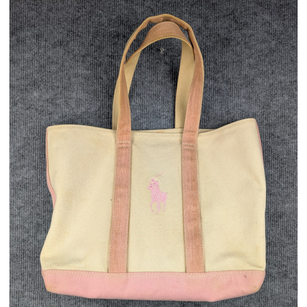 Polo Ralph Lauren Canvas Tote Bag Cream Pink Preppy Utility Nautical School Y2K